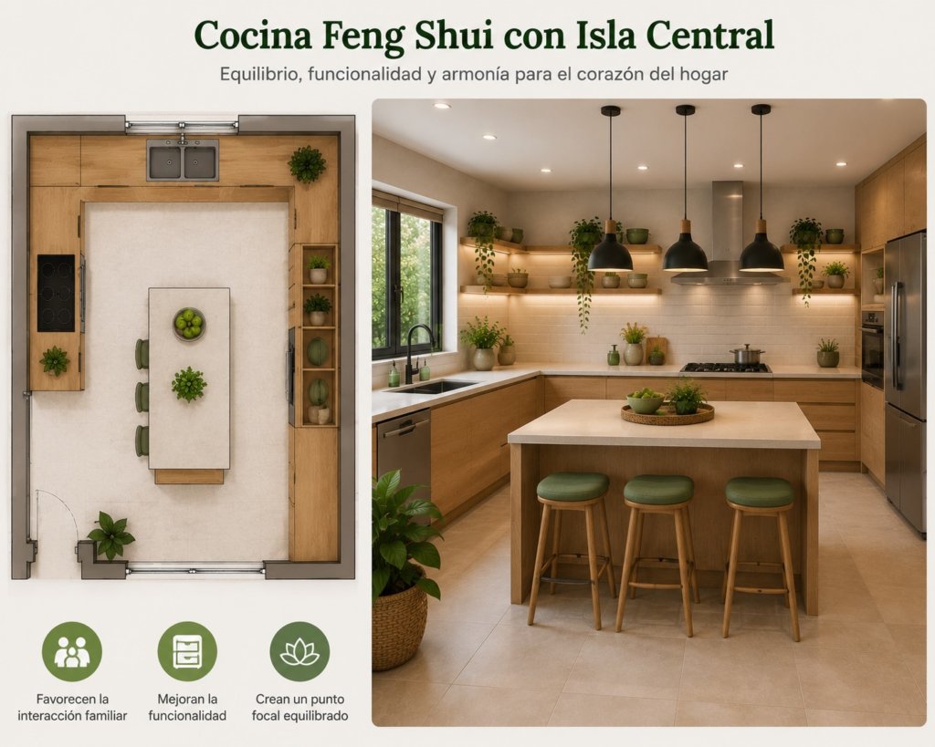 cocina feng shui con isla central