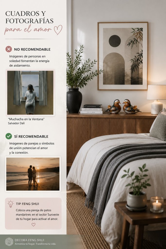 Dormitorio Feng Shui moderno y luminoso con decoración neutra, figuras de patos mandarines, arte equilibrado y elementos decorativos que simbolizan el amor y la conexión de pareja