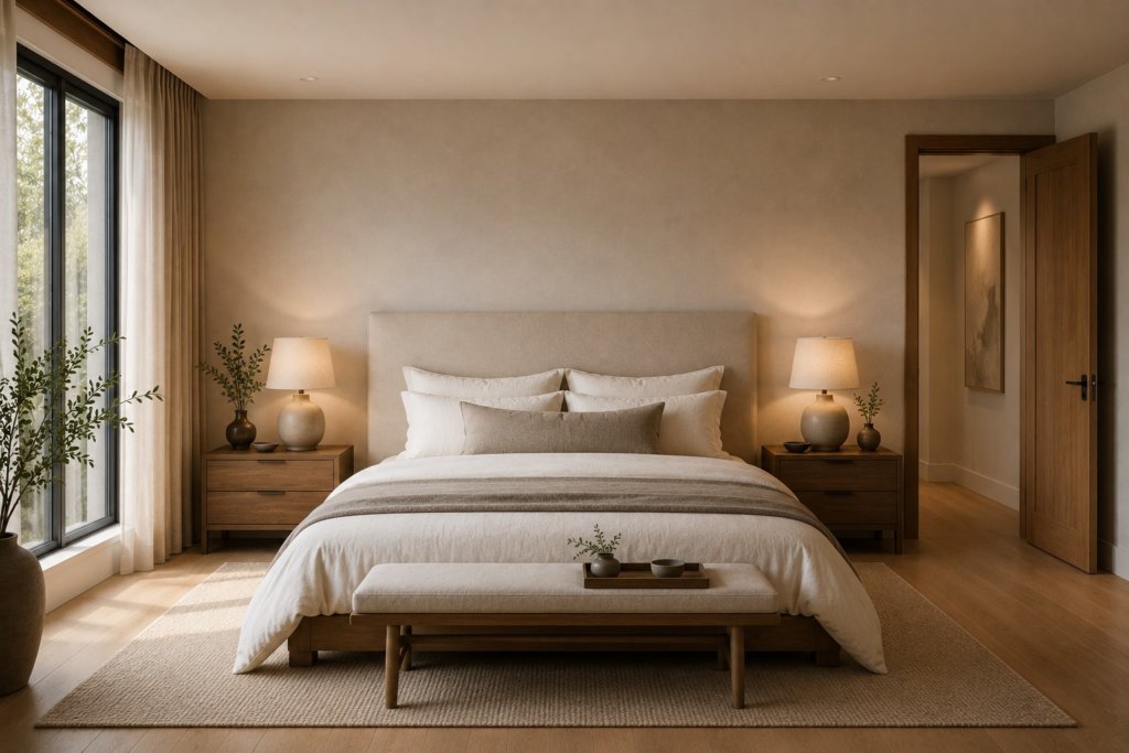 Cama alineada con la puerta del dormitorio mostrando un error de distribución según el Feng Shui