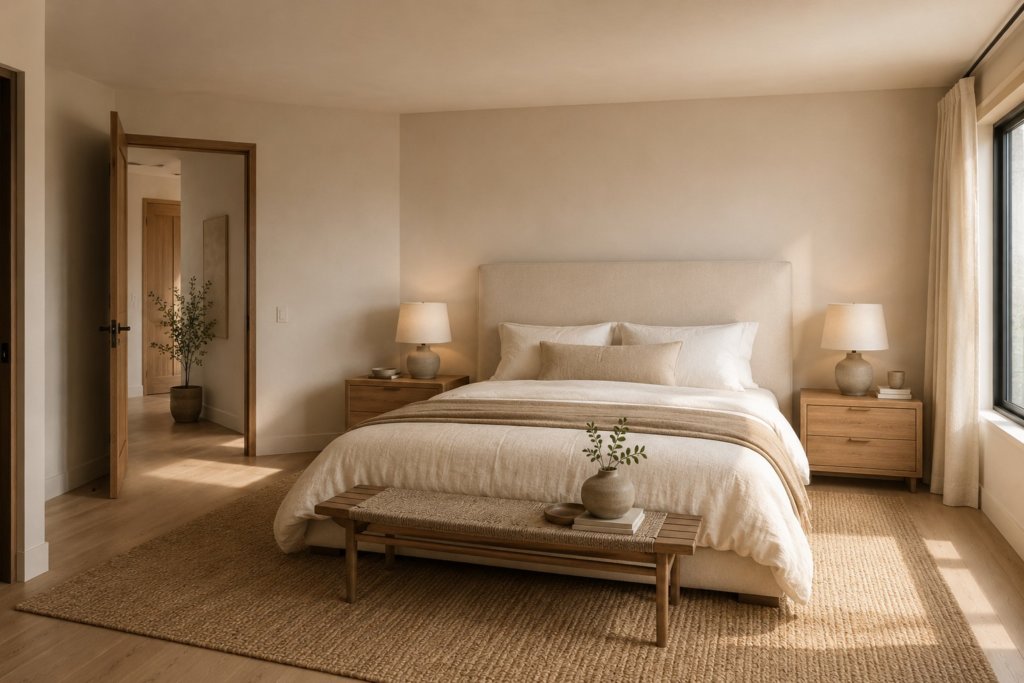 Cómo colocar la cama según el Feng Shui en un dormitorio Japandi con cabecero sólido y posición de mando