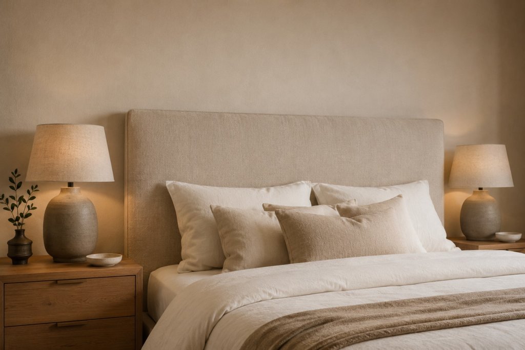 Cabecero sólido tapizado recomendado por el Feng Shui para aportar estabilidad y protección en el dormitorio