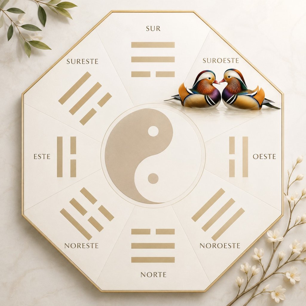 Diagrama Bagua Feng Shui elegante con patos mandarines en el área del amor y matrimonio, diseño minimalista en tonos claros y decoración oriental moderna.
