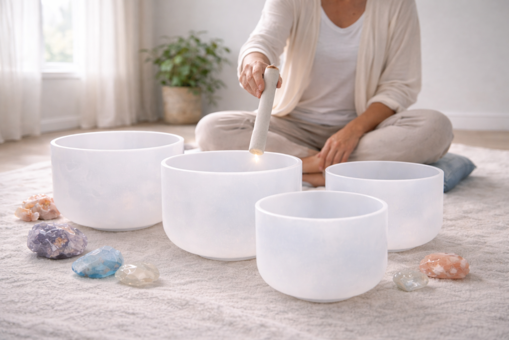 meditación con cuencos tibetanos de cuarzo