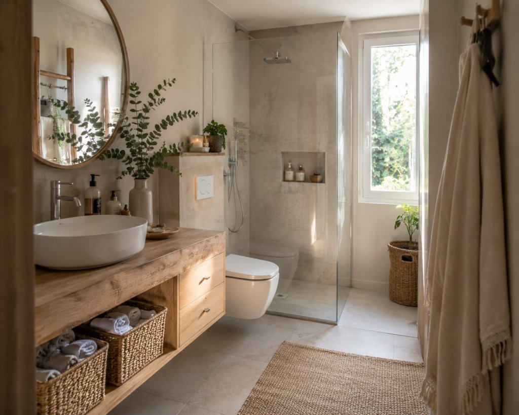 Baño Feng Shui moderno decorado con madera natural, espejo redondo, cestas de ratán y plantas para crear un ambiente equilibrado, elegante y relajante.