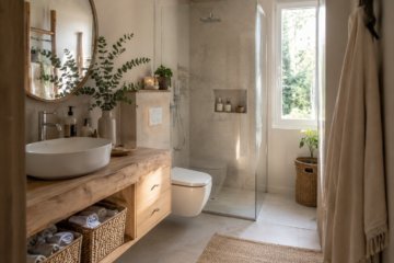 Baño Feng Shui moderno con materiales naturales, plantas y decoración armoniosa para crear un espacio elegante y acogedor
