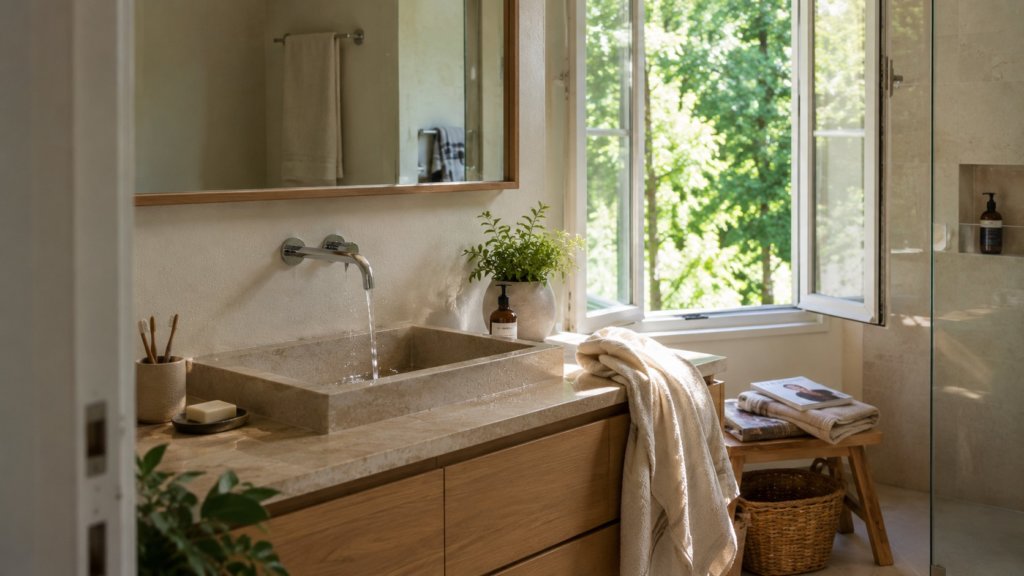 Baño Feng Shui moderno con materiales naturales, lavabo de piedra, mueble de madera, planta natural, ventana abierta e iluminación natural para crear bienestar y equilibrio