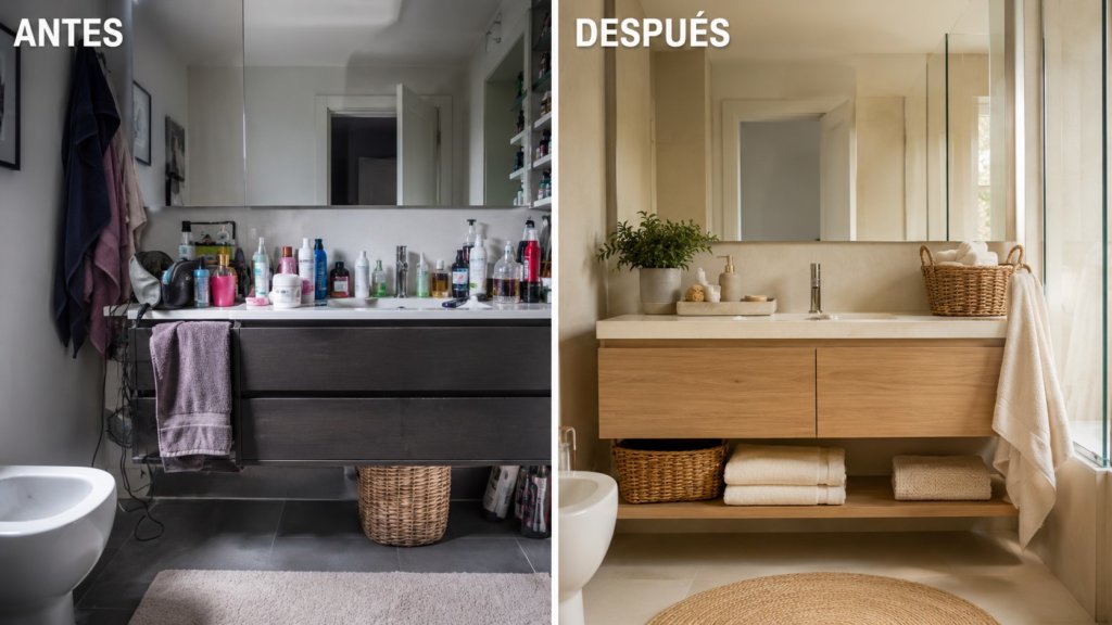 Antes y después de un baño Feng Shui con materiales naturales, organización, plantas y decoración armoniosa para crear bienestar y equilibrio