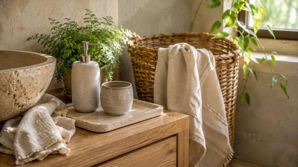 Materiales naturales para un baño Feng Shui moderno con madera de roble, piedra natural, cerámica artesanal, textiles orgánicos y decoración armoniosa.