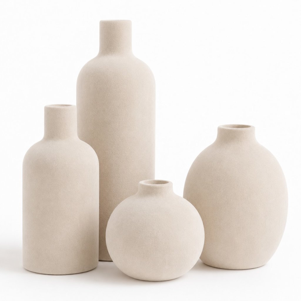 Alt: “Conjunto de jarrones decorativos de cerámica mate en tonos beige y crema con flores secas. Decoración minimalista y elegante para salón estilo Feng Shui.”