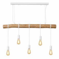 Alt: “Lámpara colgante rústica de madera natural con cuatro bombillas suspendidas y cables blancos. Diseño artesanal cálido ideal para comedor estilo nórdico y Feng Shui.”
