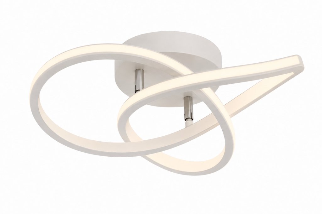 Alt: “Lámpara de techo LED moderna con diseño geométrico de anillos entrelazados en color blanco y luz cálida. Ideal para interiores minimalistas contemporáneos.”