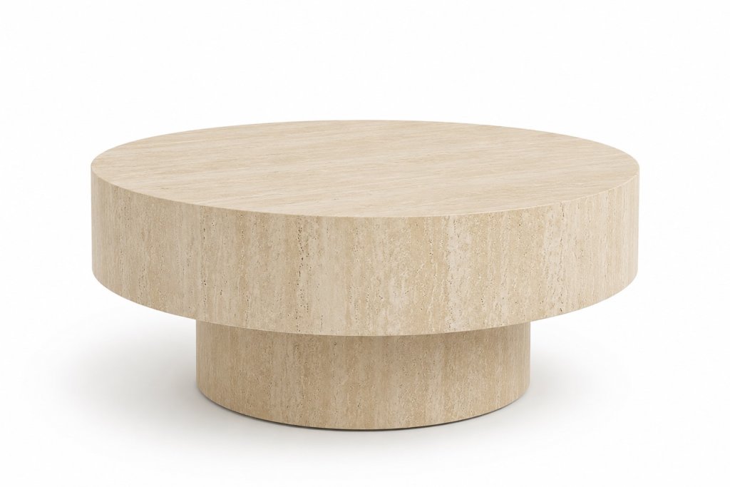 Alt: “Mesa de centro redonda efecto travertino en tono beige claro, con diseño minimalista y acabado texturizado. Ideal para salones modernos, cálidos y estilo Feng Shui.”