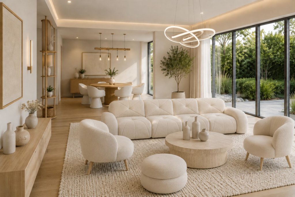 Salón comedor moderno de estilo minimalista y Feng Shui, con sofá beige curvo, mesa de centro redonda efecto travertino, sillones tapizados en tonos crema, muebles de madera clara y grandes ventanales con vistas al jardín. Espacio luminoso, acogedor y armonioso con decoración neutra y plantas naturales.