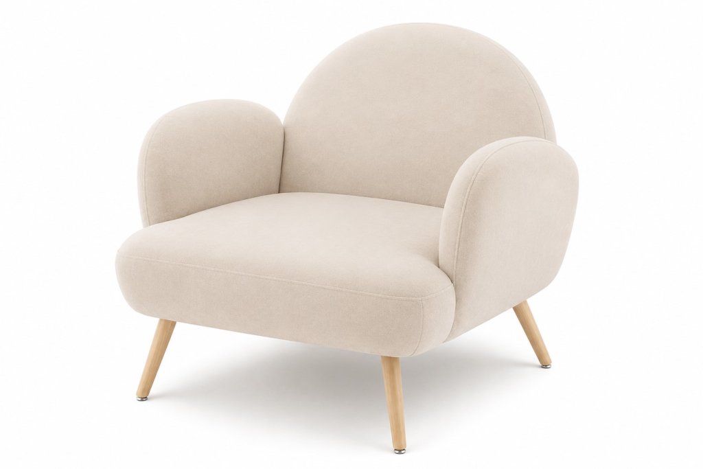 Alt: “Sillón moderno tapizado en bouclé color crema con respaldo curvo y patas metálicas doradas. Diseño elegante y acogedor perfecto para decoración minimalista y Feng Shui.”