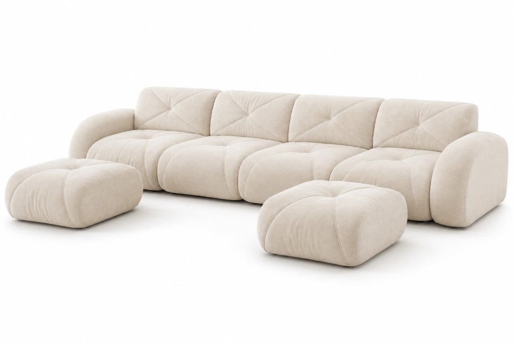 Alt: “Sofá modular beige de gran tamaño con diseño orgánico y tapizado bouclé, acompañado de dos pufs redondos a juego. Estilo moderno minimalista ideal para salón Feng Shui en tonos neutros.”