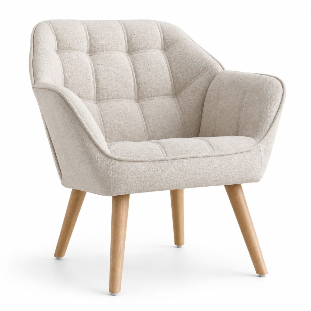 Sillón de Lino Beige Capitoné con Patas de Madera — Ya-Home
