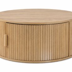 mesa de centro redonda con puerta de almacenamiento.